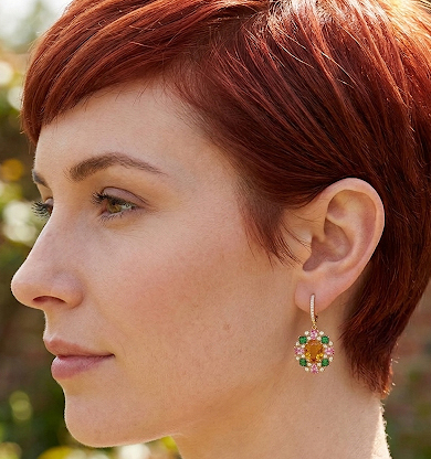 18K  Citirine, Pink Sapphire, Tsavorite Diamond Drop Earrings